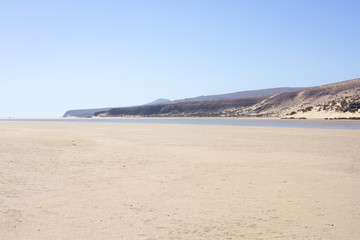 Incredible view of Costa Calma beach, blue clear lagoon. Playa Barca, Fuerteventura, Canary islands, Spain