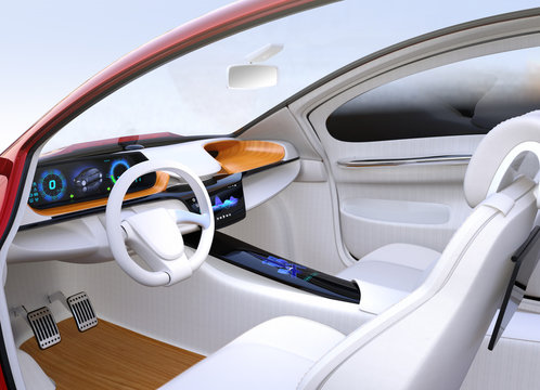Autonomous car interior concept. The center touch screen display music playlist, and navigation map on driver side screen. 3D rendering image.