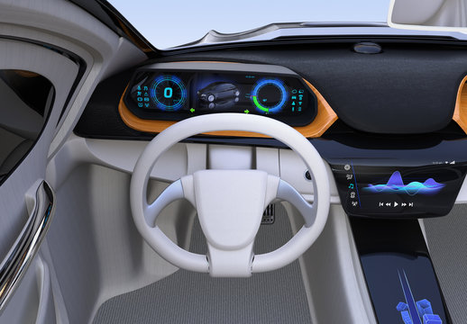 Electric car's dashboard concept. Digital speedometer on wooden tray. 3D rendering image. Original design.