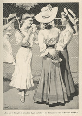 Fototapeta na wymiar Girls at Tennis Court. Date: 1908
