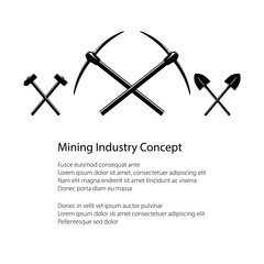 Mining Industry and Construction Concept, Crossed Hammer and Sledgehammer and Pickaxes , Crossed Shovels, Tools for Excavation, Black and White Vector illustration