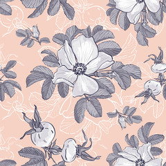 Wild Roses and Rosehips pattern, Flower background Floral pattern, Trendy monochrome flowers on pink coral background, Vector isolated