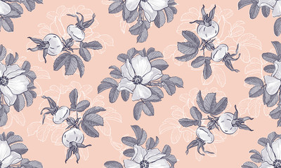 Site header Blogging Wild Roses floral fashion pattern, Flower background. Gray flowers on a pink background, Vector branding design