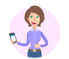 Businesswoman holding mobile phone and showing thumb up