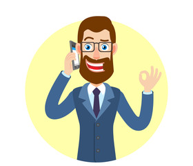 Hipster Businessman talking on mobile phone and showing a okay hand sign