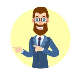 Hipster Businessman pointing something beside of him