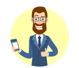 Hipster Businessman holding mobile phone and showing thumb up