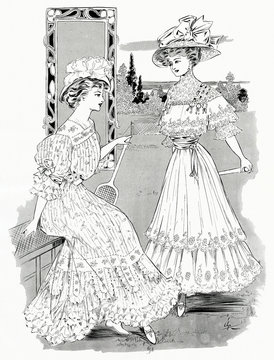Women wearing tennis frocks 1907. Date: 1907