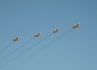 Upgraded front-line bomber with variable sweep wing su-24M on the rehearsal of the Victory parade.