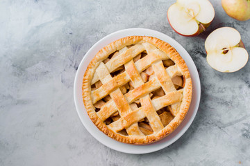 Popular American apple pie on gray table. Homemade classical friut tart. Copy space - 162333181
