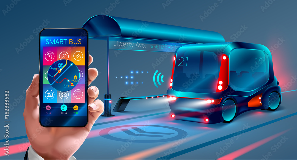 Poster the application interface for mobile phone Smart bus. Businessman using smartphone, with maps and applications are where now rides the bus. Future concept. VECTOR