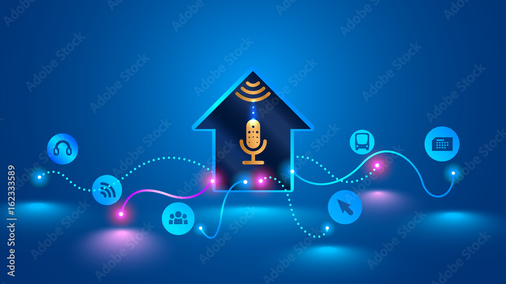 Poster smart home recognizes voice commands and manages smart devices. Voice control of your smart home. Smart speaker controls the Internet of things in your house. Future concept, VECTOR