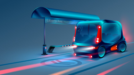 Autonomous electric smart bus or minibus stops at city bus stop. VECTOR