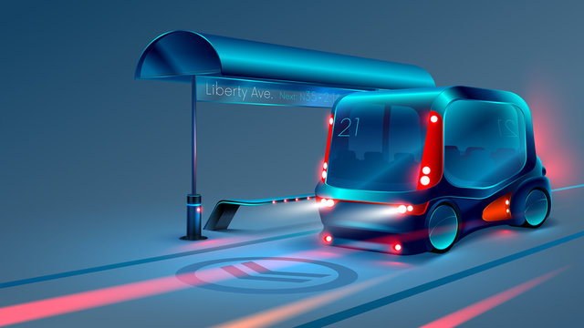 Autonomous Electric Smart Bus Or Minibus Stops At City Bus Stop. VECTOR