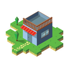 House in isometric view with trees.