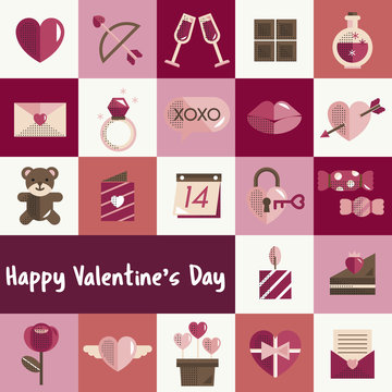 February Happy Valentine Icon Set Vector