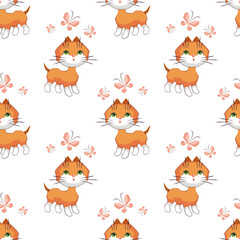 Small funny kitten plays with a butterfly. Children's full color seamless pattern in cartoon style.