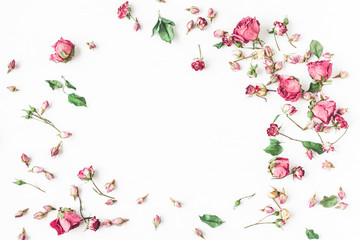 Flowers composition. Frame made of dried rose flowers. Flat lay, top view