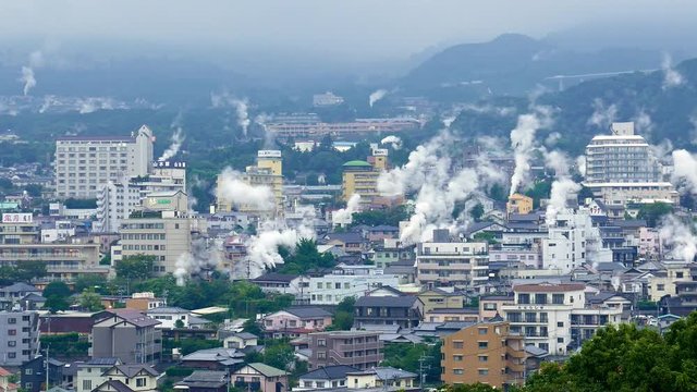 Beppu, Japan cityscape with hot spring bath houses