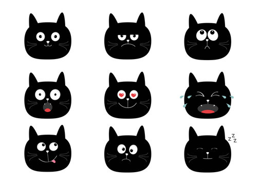 Cute black cat set. Funny cartoon characters. Emotion collection. Happy, surprised, crying, sad, angry, smiling. White background. Isolated. Flat design