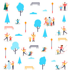Winter people in the park. Flat design vector illustration.