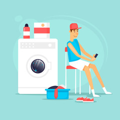 Guy in his underwear waiting for the end of washing. Flat vector illustration in cartoon style.