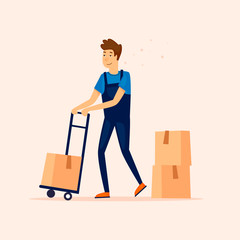 Man with loaded delivery cart. Goods delivery. Flat vector illustration in cartoon style.
