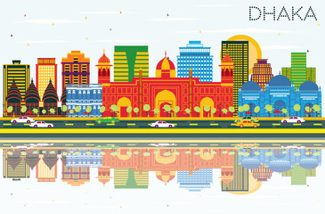 Dhaka Skyline with Color Buildings, Blue Sky and Reflections.
