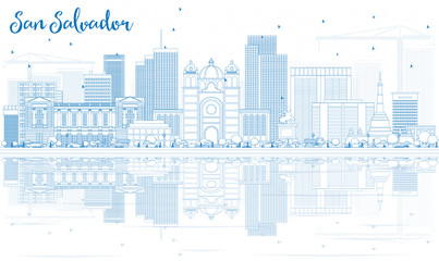Fototapeta premium Outline San Salvador Skyline with Blue Buildings and Reflections.