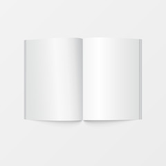 3d mockup open book template top view. Booklet blank white color isolated on white background for printing design, brochure template, catalog, leaflet, and layout design.  Vector illustration.