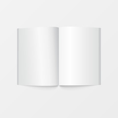 3d mockup open book template top view. Booklet blank white color isolated on white background for printing design, brochure template, catalog, leaflet, and layout design.  Vector illustration.