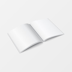 3d mockup open book template perspective view. Booklet blank white color isolated on white background for printing design, brochure template, catalog, leaflet, and layout design.  Vector illustration.