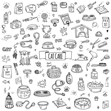 Hand drawn doodle Pets stuff and supply icons set. Vector illustration. Vet symbol collection. Cartoon cat care elements: kennel, leash, food, paw, bowl, bone and other goods for pet shop, hotel