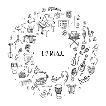 Hand drawn doodle I love music set Vector illustration musical instrument Symbols icon collections Cartoon sound concept elements Music notes Piano Guitar Violin Trumpet Drum Gramophone Saxophone Harp