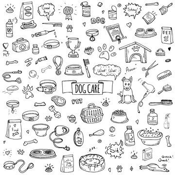 Hand drawn doodle Dog care icons set. Vector illustration. Vet symbol collection. Cartoon cat care elements: kennel, leash, food, paw, bowl, bone and other goods for pet shop, hotel