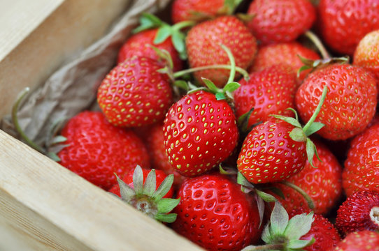 Crate of fresh ripe sweet strawberries