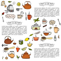 Hand drawn doodle Tea time icon set. Vector illustration. Isolated drink symbols collection. Cartoon various beverage element: mug, cup, teapot, leaf, bag, spice, plate, mint, herbal, sugar, lemon.