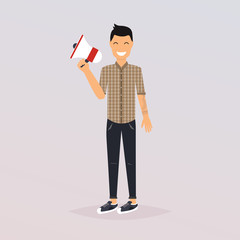 Man speaking through megaphone. Social media marketing concept. Promoter advertising using megaphone. Flat design modern vector illustration concept.