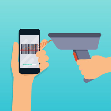 A Barcode Scanner Scanning A Bar Code On A Mobile Phone. Flat Design Modern Vector Illustration Concept.