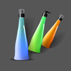 Mockup template for branding and product designs. Isolated realistic plastic bottles with dispenser spray and unique design. Easy to use for advertising branding and marketing.