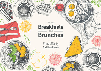 Brunch and breakfast top view frame. Food menu design. Vintage hand drawn sketch vector illustration - obrazy, fototapety, plakaty