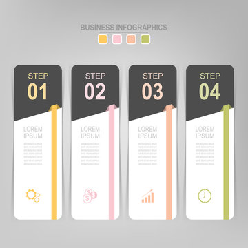 Infographic template of four steps on squares, tag banner, work sheet, flat design of business icon, vector