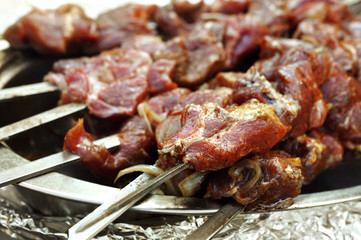 Marinated meat for shish kebab, selective focus