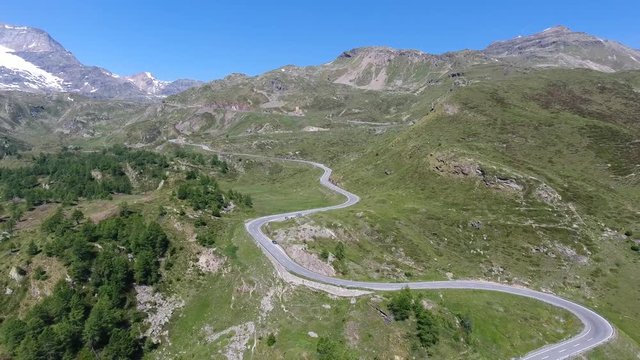 Aerial view - Mountain road - Bernina Pass in Swiss Alps