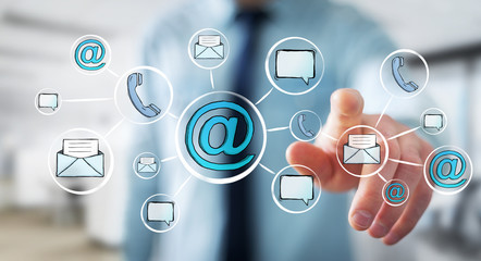 Businessman touching hand-drawn graph with contact and connections