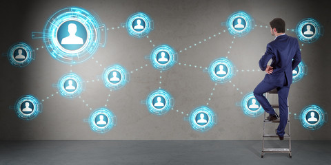 Businessman using social network interface on a wall 3D rendering