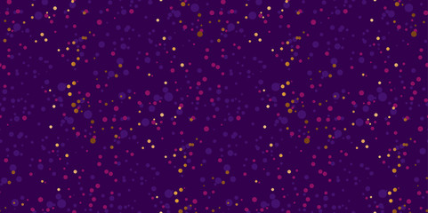 Concept sky night stars seamless pattern. Vector illustration for surface design, background, wrapping paper. Color dots random motif.