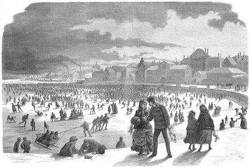 Ice skating in Stockholm harbour in Winter. Date: 1870
