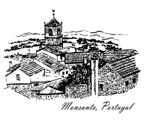 Drawing of a view of the Town Hall with a clock in the amazing village of Monsanto, Portugal, a sketch hand-drawn ink graphic vector illustration