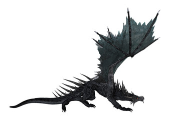 3D Rendering Fantasy Black Dragon on White